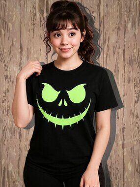 Mill Tex Large Halloween Graphic T Shirt Black Neon Green Grinning Face Black